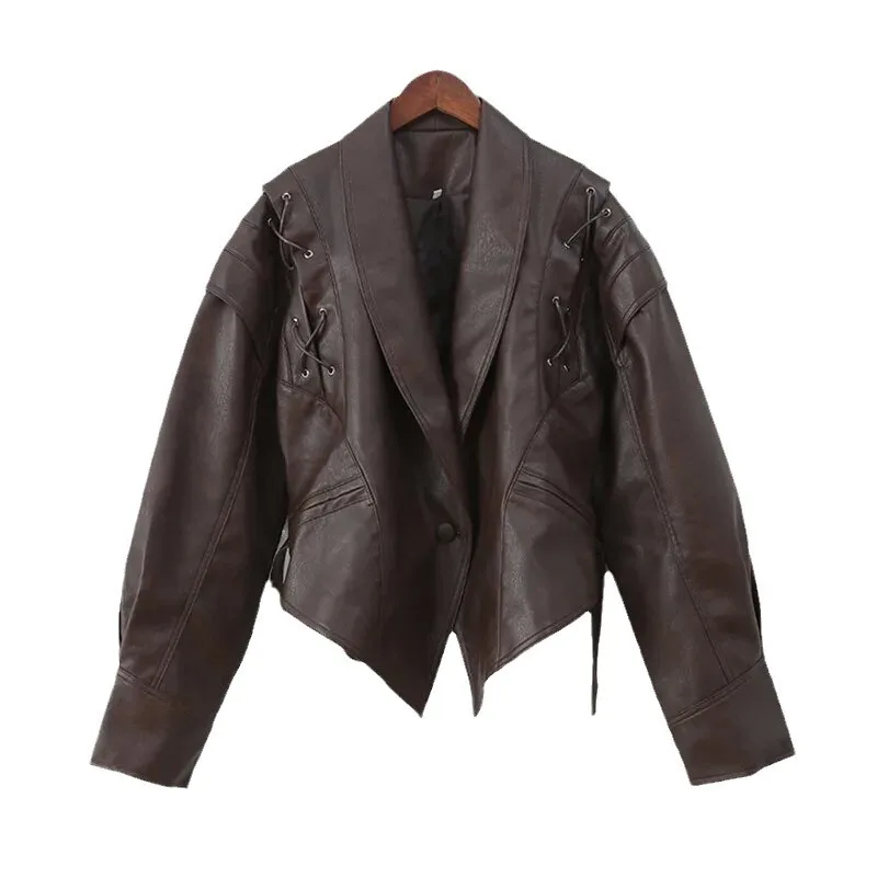 2024年秋新作ファッションストリートスタイルレトロレザージャケットコート、折り返し襟付き、ベルト付き、厚手コットンレディースプレミアム服