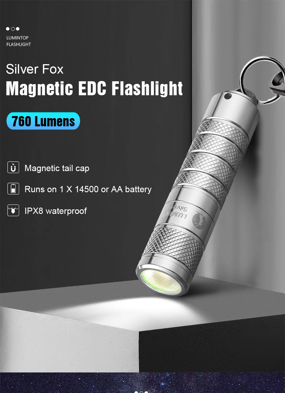 14500 Mini-Taschenlampe mit Magnetischem Ende 760 Lumen Schlüsselanhänger-Taschenlampe Lumintop Fox 5 Modi mit Speicherfunktion – Detail 2