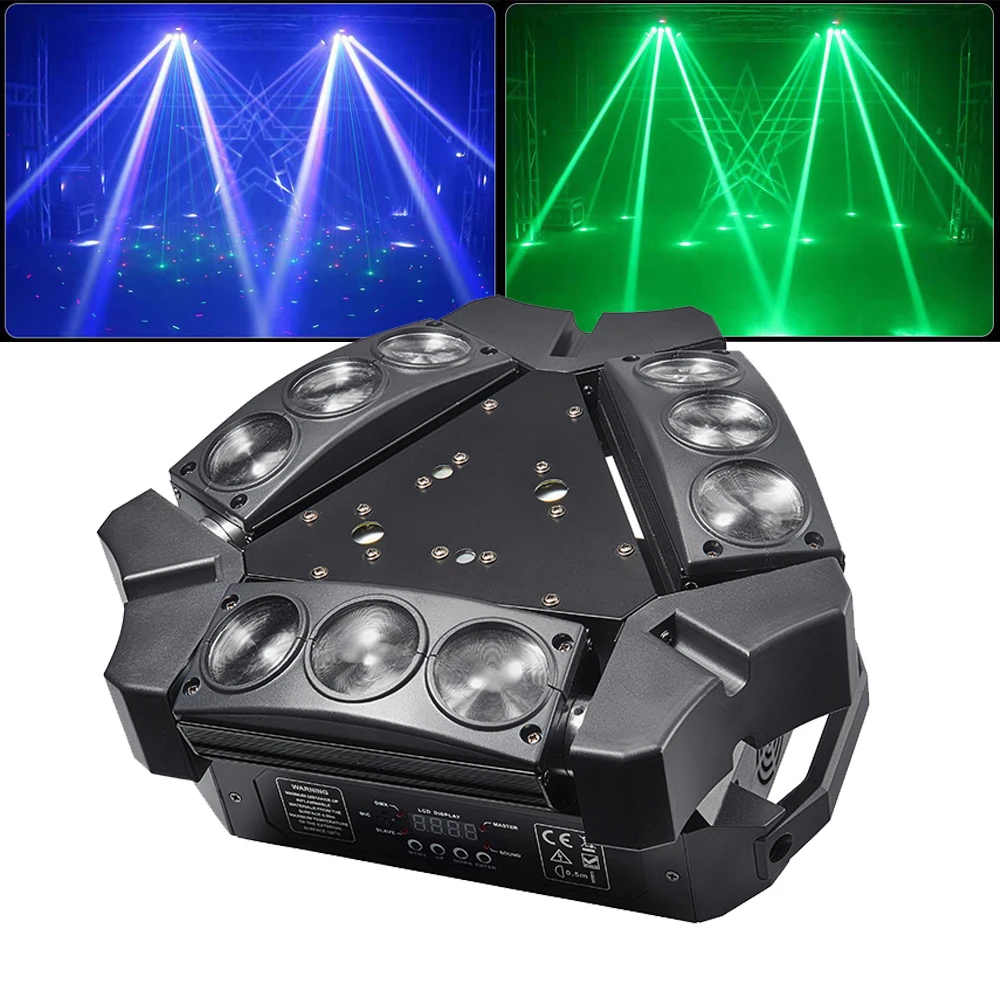 

Spider Moving Head Light DMX Control DJ Party Lighting 9X3W Stage Spider Light for Disco Club Bar 2X10W LED Strobe Light Effect