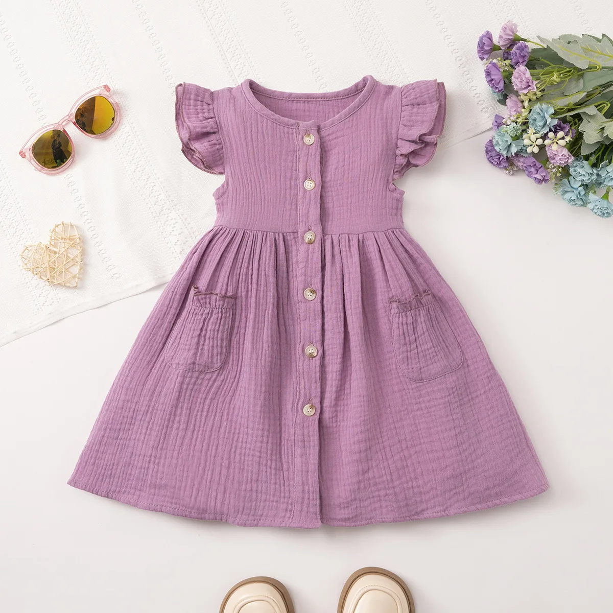 Somenie Baby Girls Thin Cotton Summer Dress,  Breasted Sleeveless Sundress with Delicate Ruffle Edge Casual Kids Daily Outfit