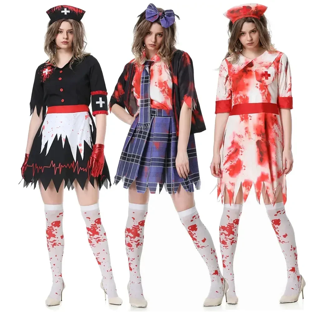 

Halloween Party Horror Campus Women Zombie Cosplay Dress Up Bloody Nurse Costume Witch Zombie Vampire Dress Role Play Outfit