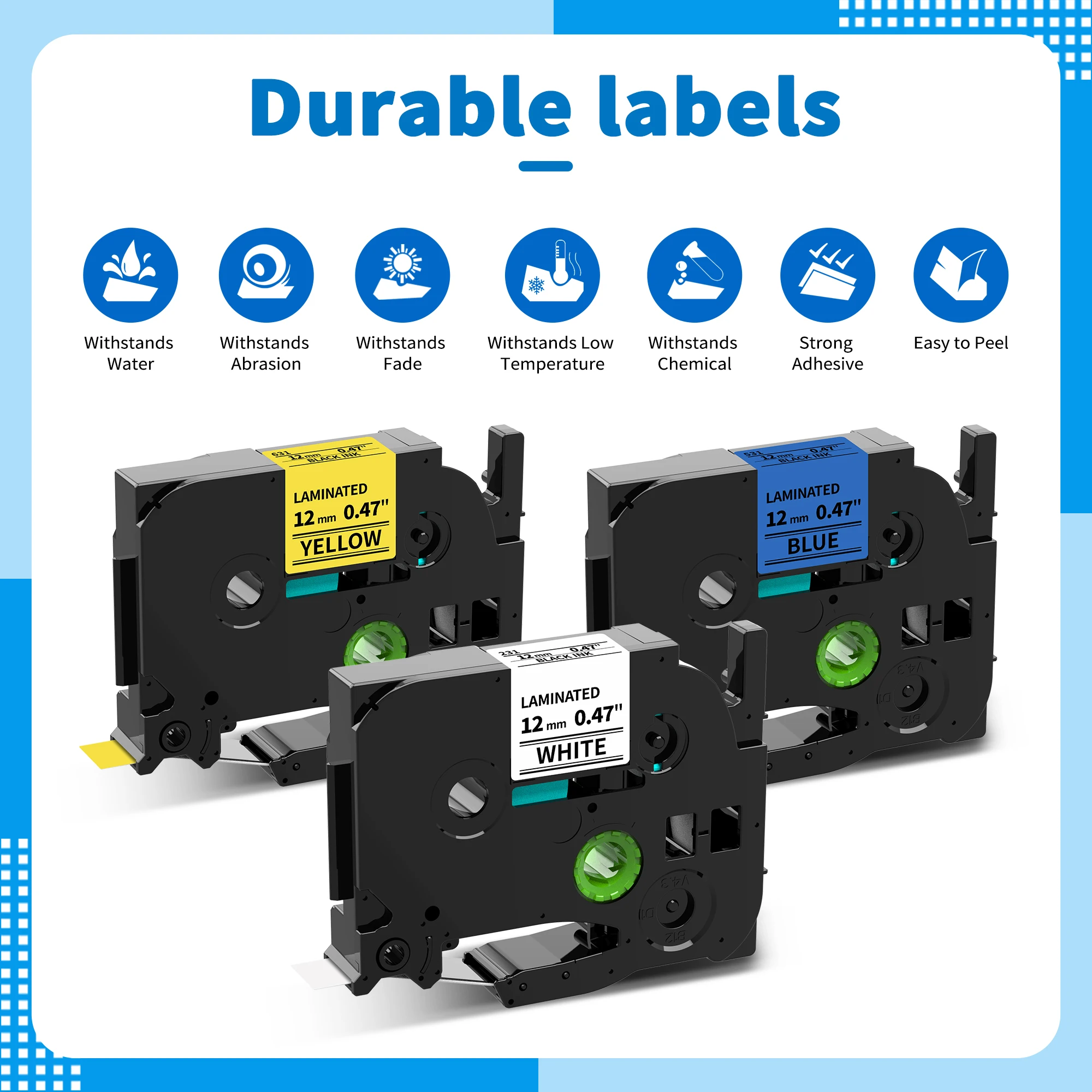 12mm Multi-Color Label Tape Compatible with Brother P-touch Label Printers PT-H100 PTD600 TZE-631 Yellow Tape White Tape TZE-231