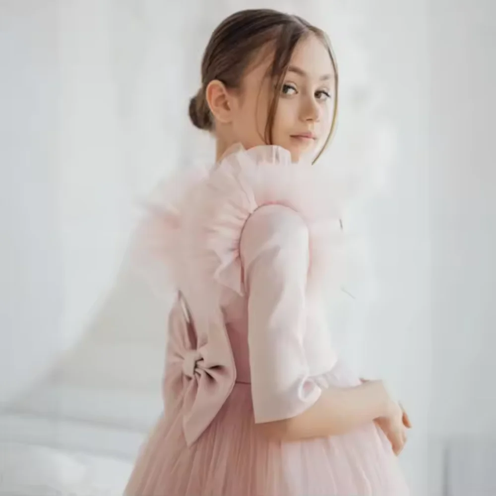 Vestidos rosas de flores para niña, tul con lazo, media manga para boda, fiesta de cumpleaños, banquete, vestidos de princesa