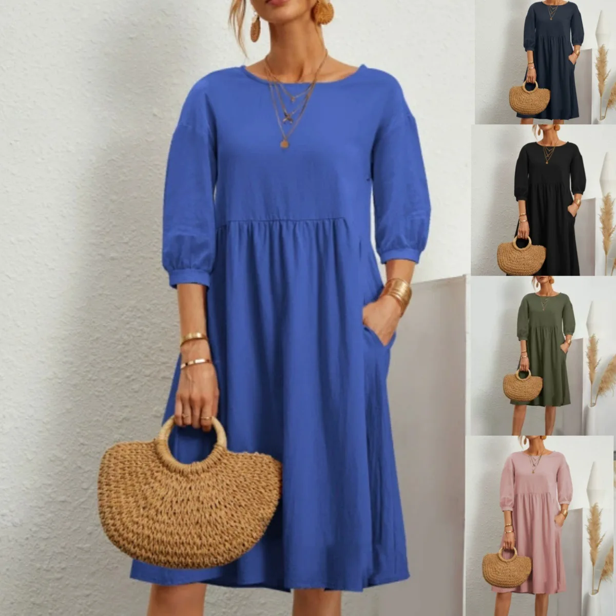 

Spring Summer Women's Cotton Linen Pocket Maxi Dress Lantern Sleeve Dresses Casual Outfits