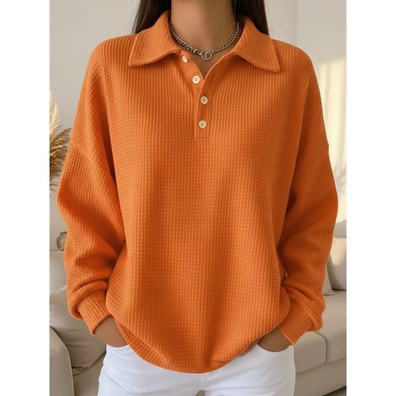 

Women's Casual Wfle Knit Polo Shirt Long Sleeve Loose Fit Button Down Collar Pullover Top