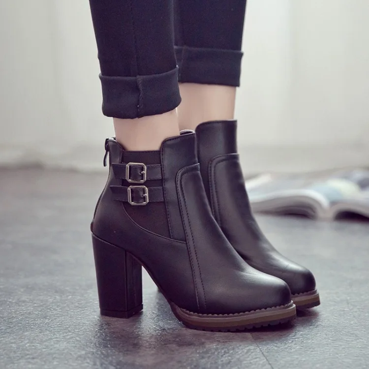 Women Shoes 2022 Autumn Size 43 Retro Black Pumps Belt Buckle Short Boots Fashion Heeled Ankle Boots Women Zipper Zapatos Mujer