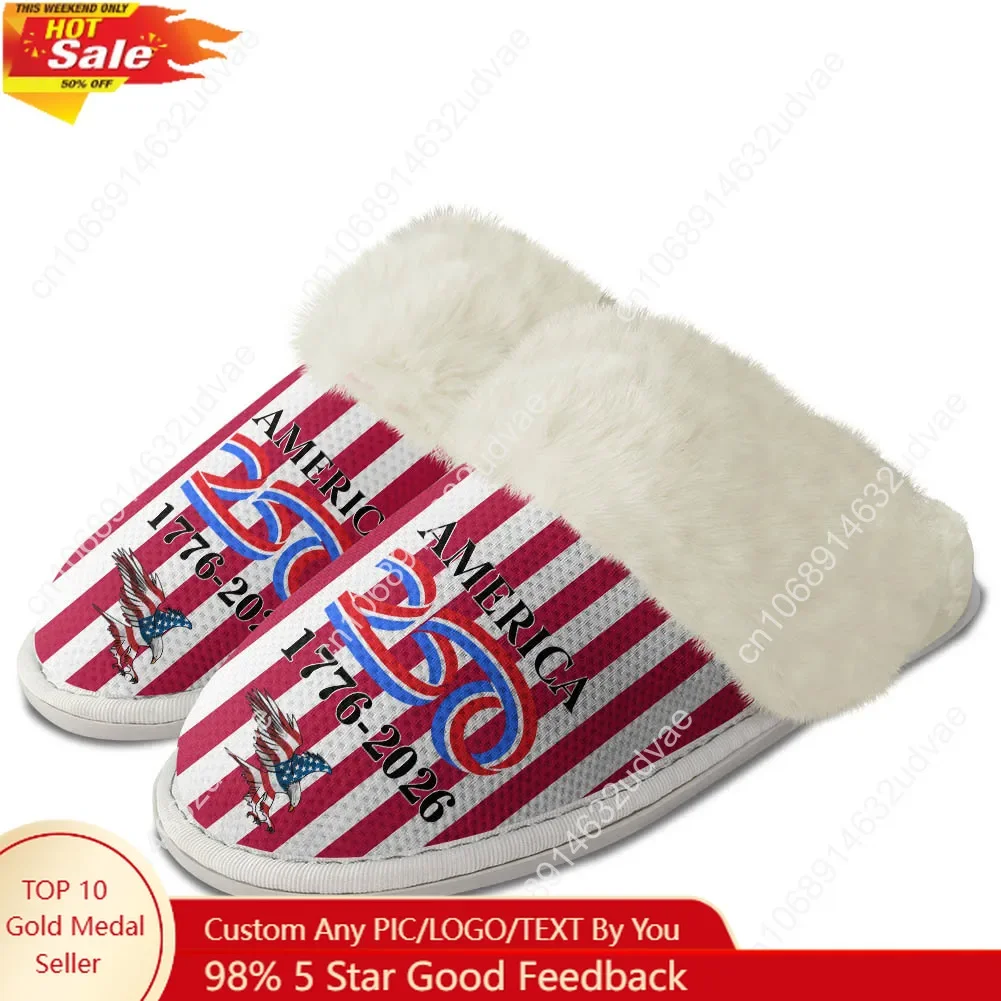 

America 250th Anniversary 1776-2026 Plush Slippers Keep Warm Shoes Mens Womens Soft Foot Covers Cotton Custom Thermal Slipper