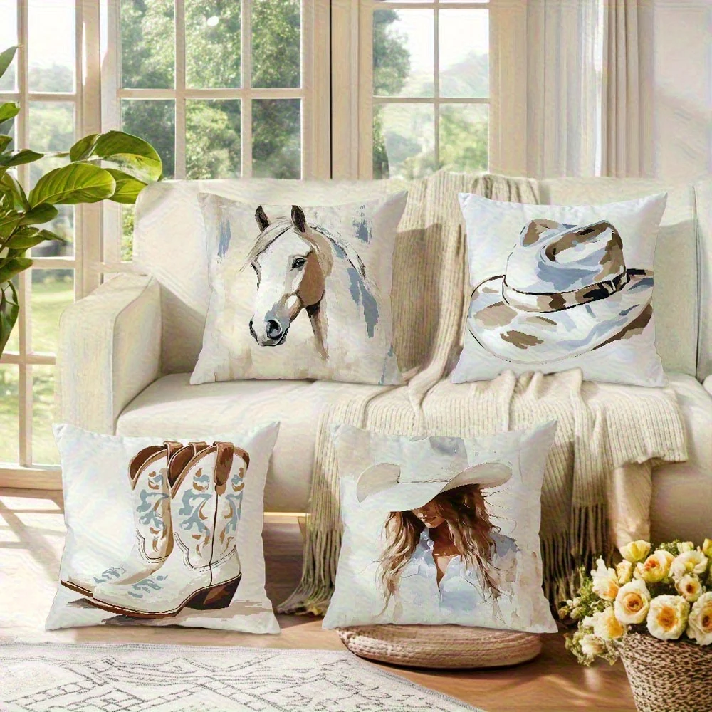 Vintage Western Pillow Covers, Cowboy Horse Boots Decorative Throw Pillow Cases, Rustic Home Decor for Sofa Bed, No Insert 4pcs