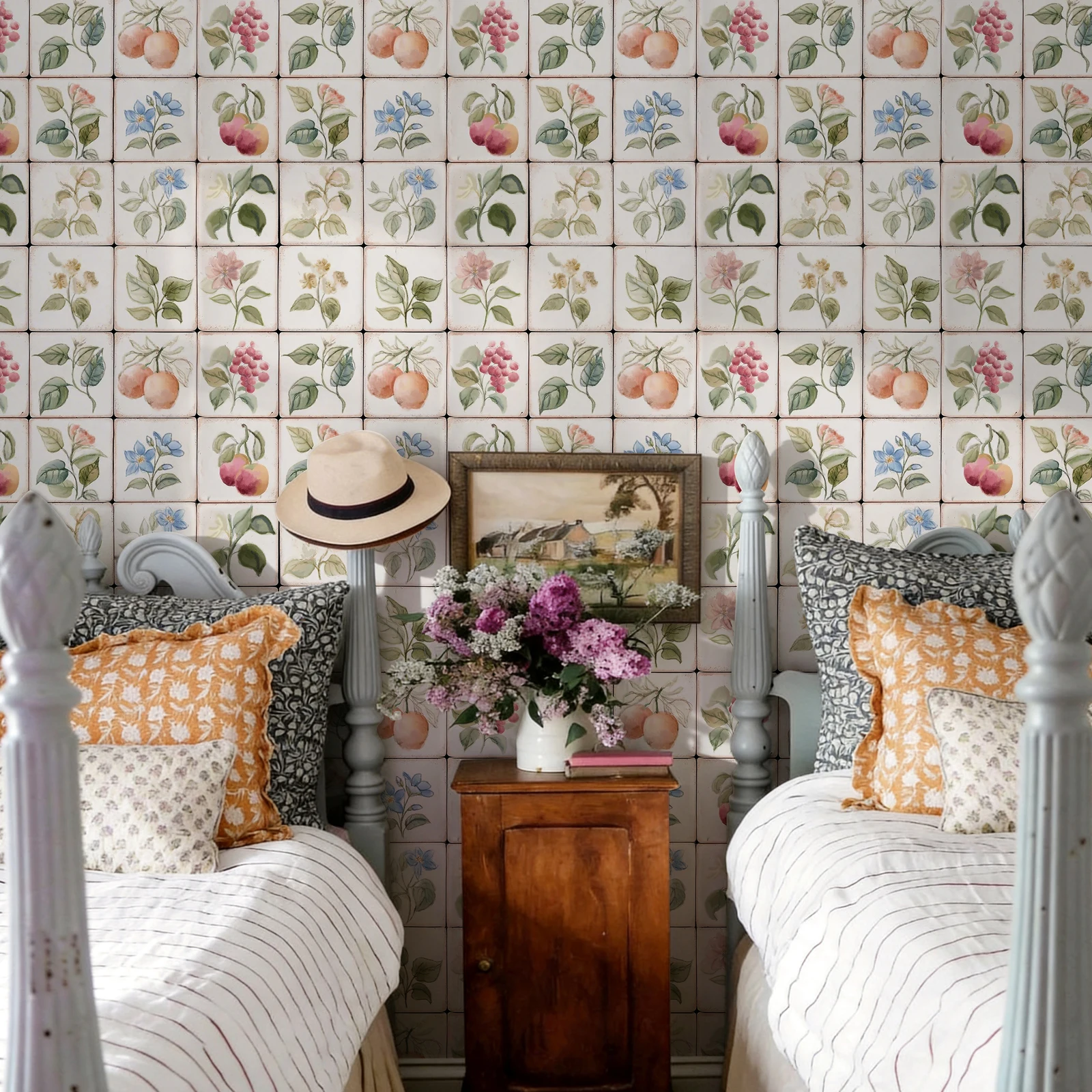

Vintage Botanical Fruit and Floral Tile Wallpaper Morden Peel and Stick Flower PVC Furniture Cabinet Sticker for Living Room