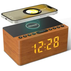 ANJANK Wooden Bluetooth Speaker Alarm Clock Fm Radio,Wireless Charging Station for iPhone/Samsung,9 alarming sounds,0-100%Dimmer