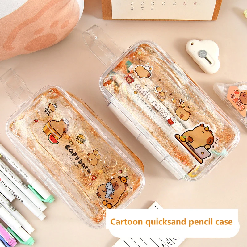 1Pc Cartoon Quicksand Pen Pouch Transparent Portable Pen Pouch Large Capacity Stationery Organiser School Office Supplies