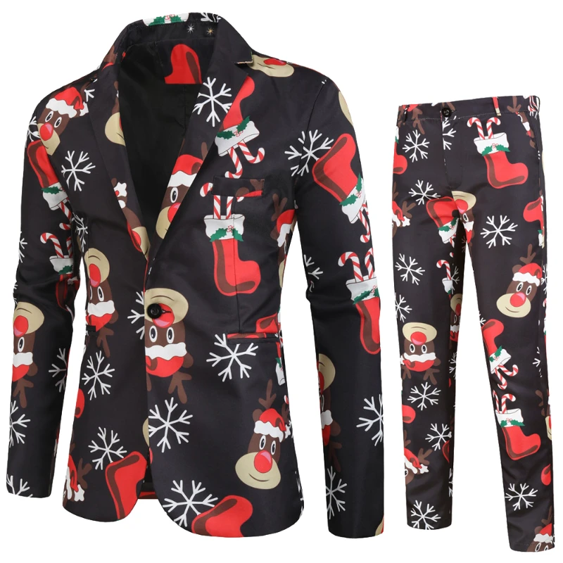 2024 New Christmas 2 Pieces Suits for Men ( Blazer + Trousers ) X-mas Prom Stage Single-breasted Suit Jacket Sets Costume Homme