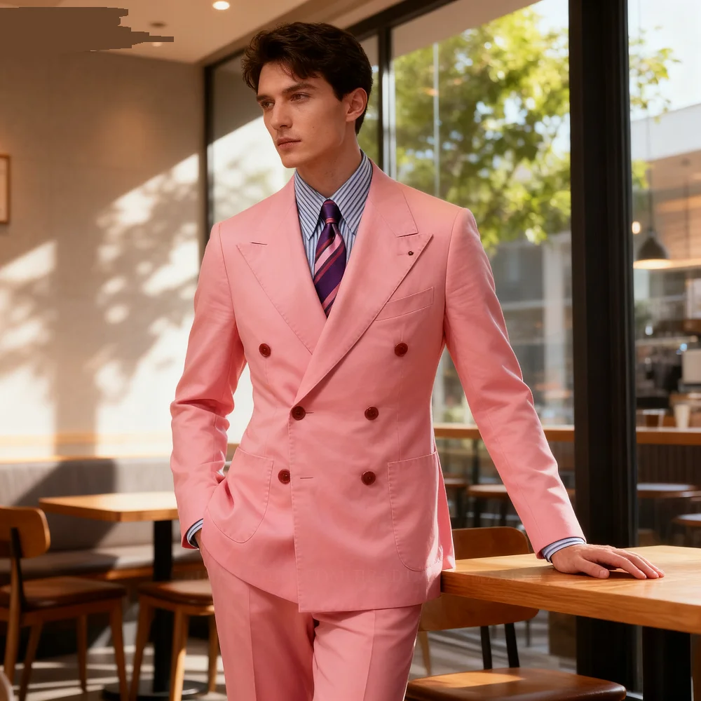 

Men's Pink Double Breasted Terno 2-Piece Suit Jacket And Pants Classic Formal Occasion Business Moda De Negócios Clothing