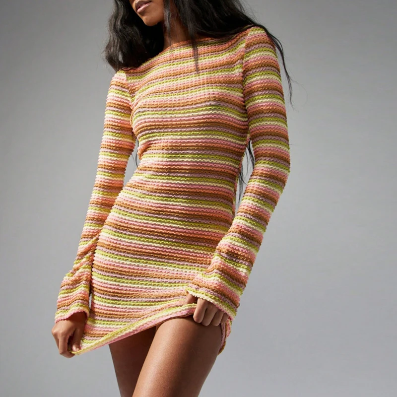 Autumn New High Waist Commute Dress Fashion Stripe Printed O-neck Knitted Dress Elegant Long Sleeve Slim Wrap Hips Short Dress