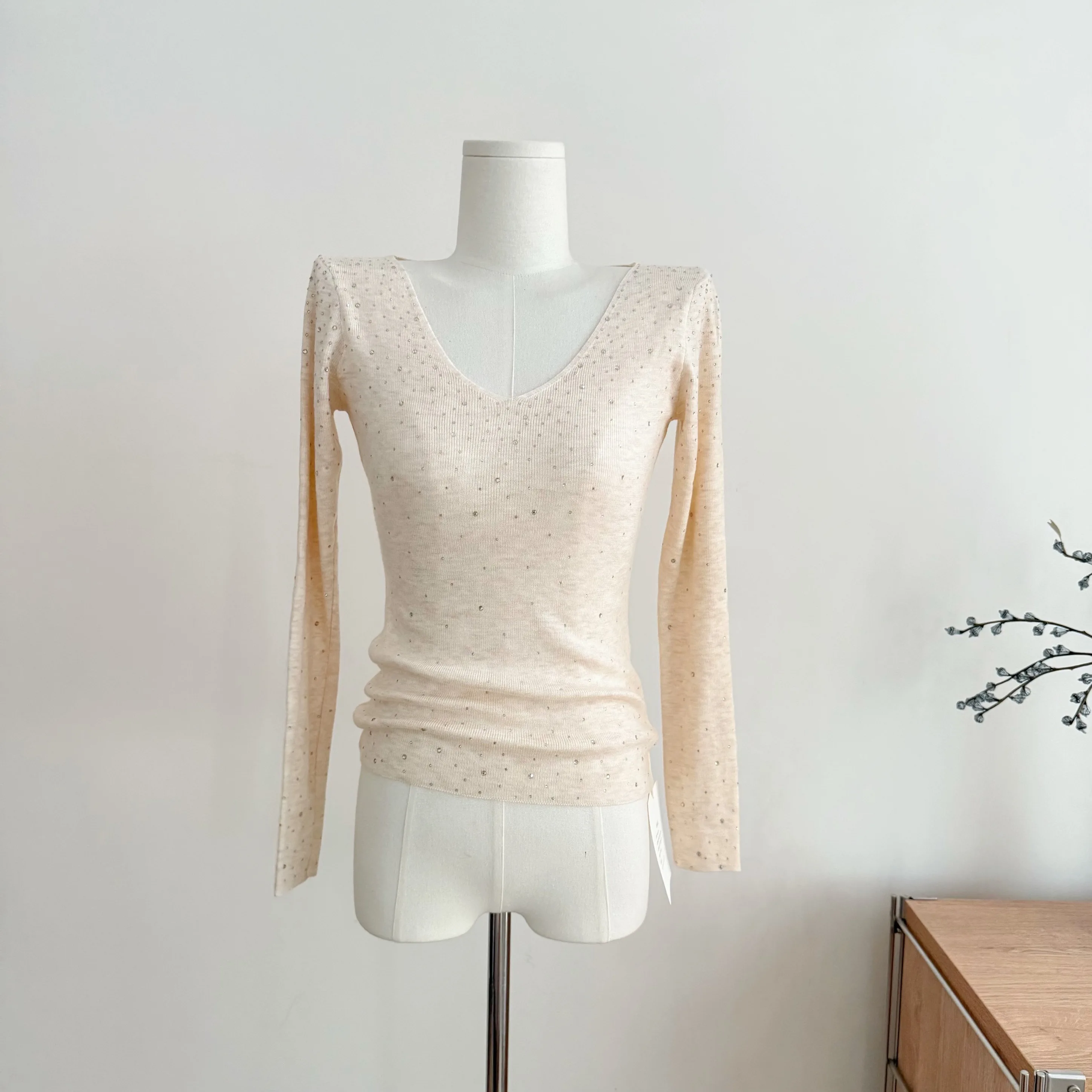 

Women's Elegant Diamond Long Sleeve V Neck Slim Sweater Lady Autumn Winter Solid Color Pullover Basic Jumper Top