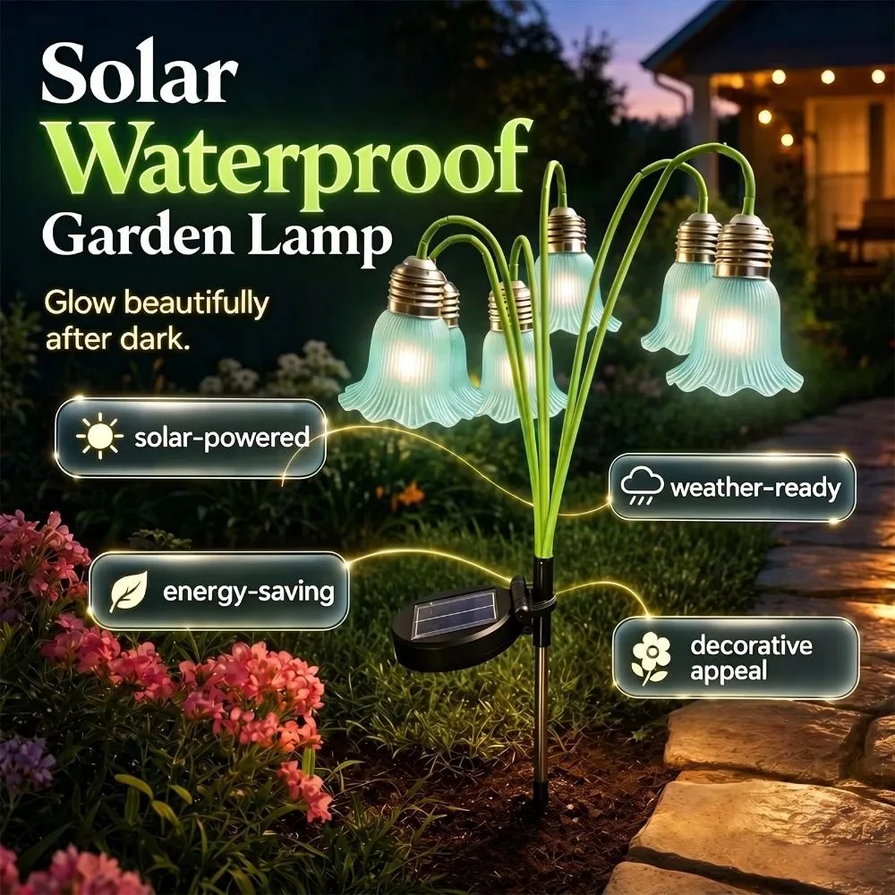Bellflower Flower Flowers Solar Garden Light Auto on Off Realistic 6 Heads LED Simulated Light Removable Solar Powered