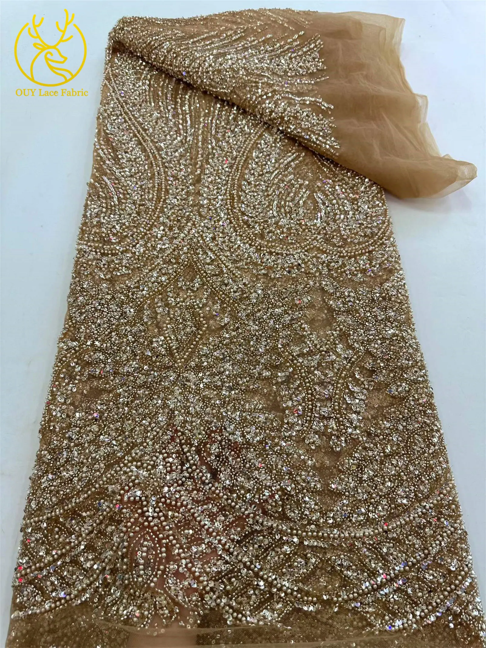 Afrikanischer Brautkleid-Spitzenstoff 2026, französische Pailletten-Spitze, 5 Yards, nigerianische Stickerei, Hochzeits-Mesh-Spitze für Partykleider und Näharbeiten – Detail 14