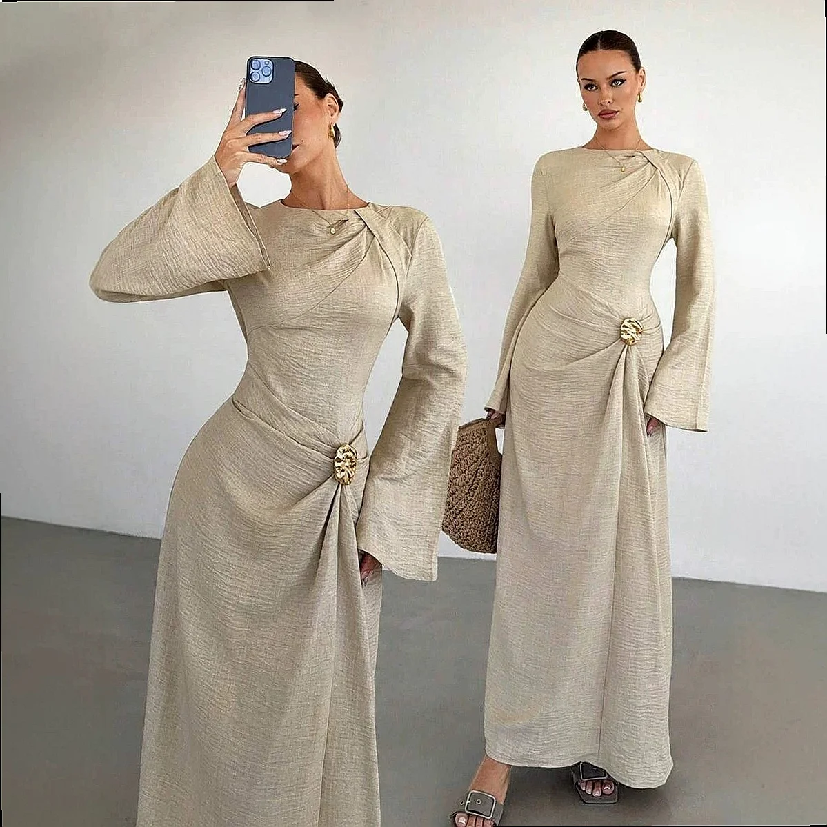 Women Elegant Burgundy Fall Dress Twist Metal Button Decor Flared Sleeve Guest Formal Evening Dresses Jumpsuit Playsuit