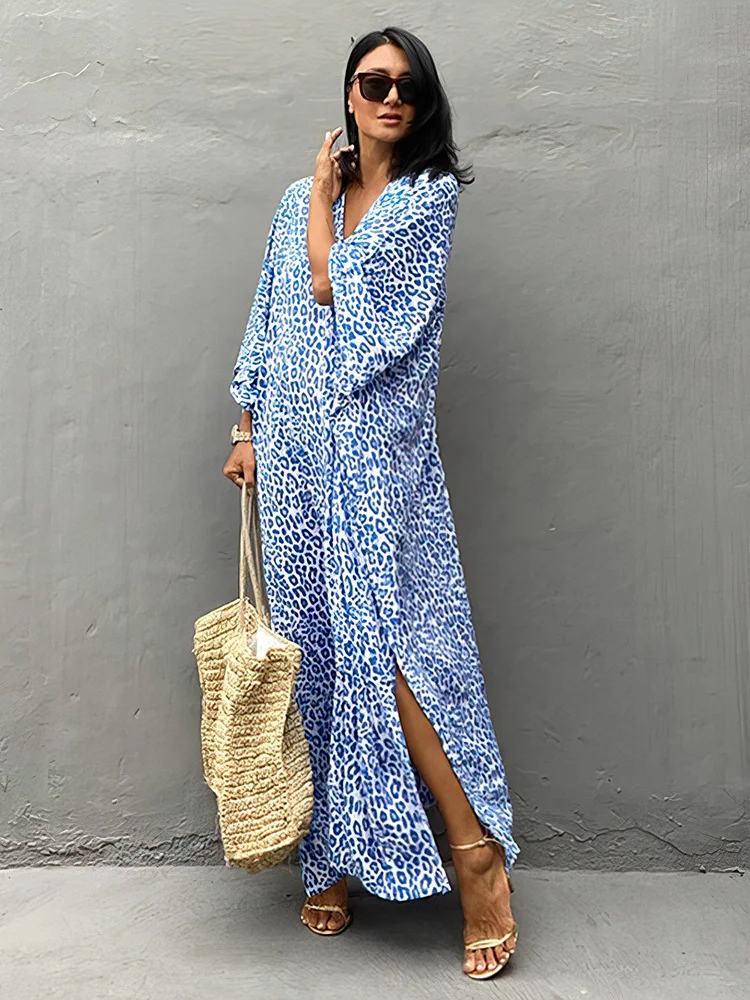 Boho Leopard Print Women Long Dress Swimwear Cover-ups Rayon Kimono Kaftan 2023 Summer Bikini Cover Up Female Dresses Beachwear