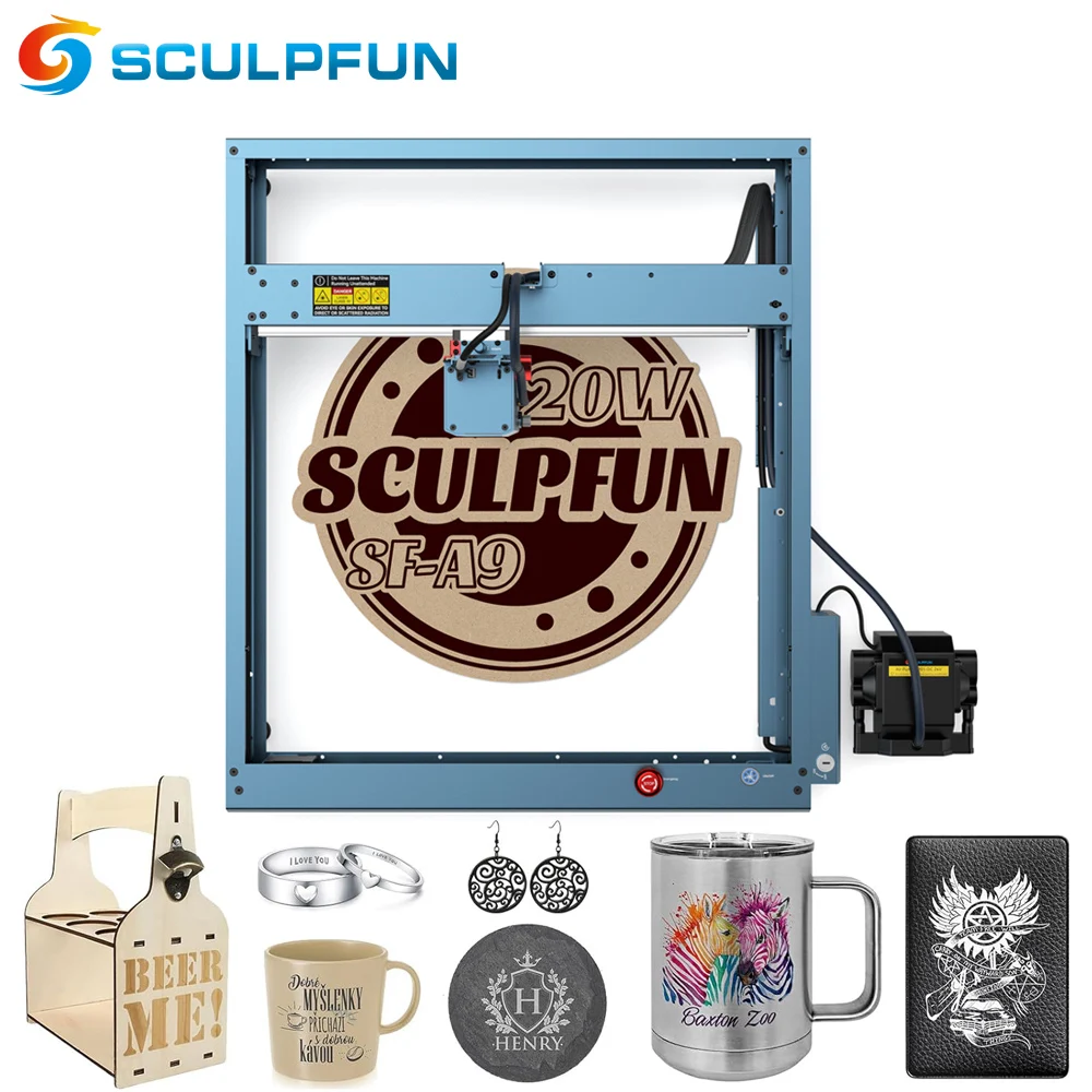 SCULPFUN SF-A9 Maszyna do grawerowania laserowego z automatycznym systemem wspomagania powietrza 20W Grawer laserowy do drewna Skóra Akryl Metal 