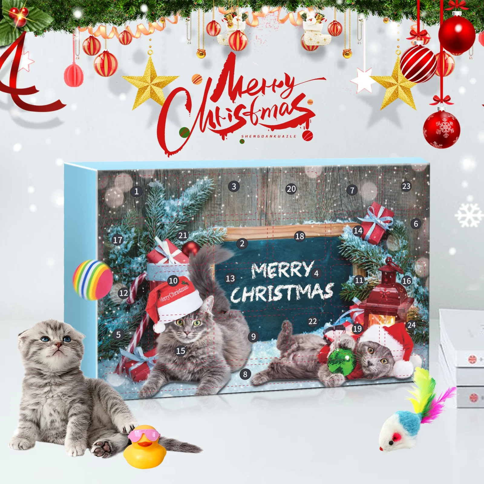 Cat Advent Calendar 2025 Christmas Interactive Toys for Indoor Christmas Gifts Fake Mouse Bell Balls for Cat Lover Gifts