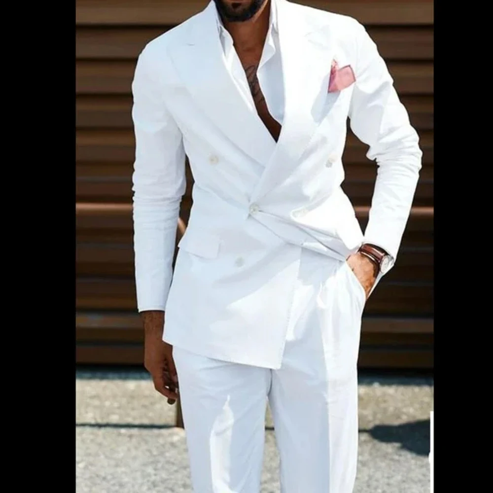 

New Fashion White Double Breasted Men Suits Casual Peak Lapel Slim Fit Blazers High Quality Custom 2 Piece Set Jacket Pant 2024