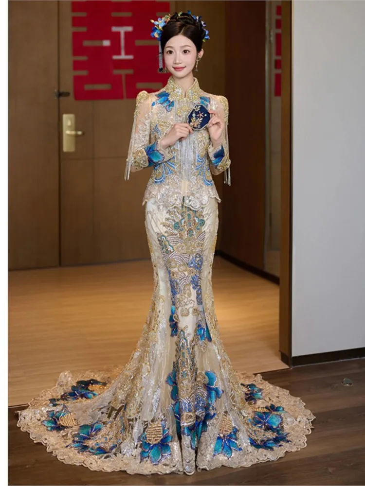 

The new golden fishtail wedding dress for luxurious and Chinese-style dragon Phoenix
