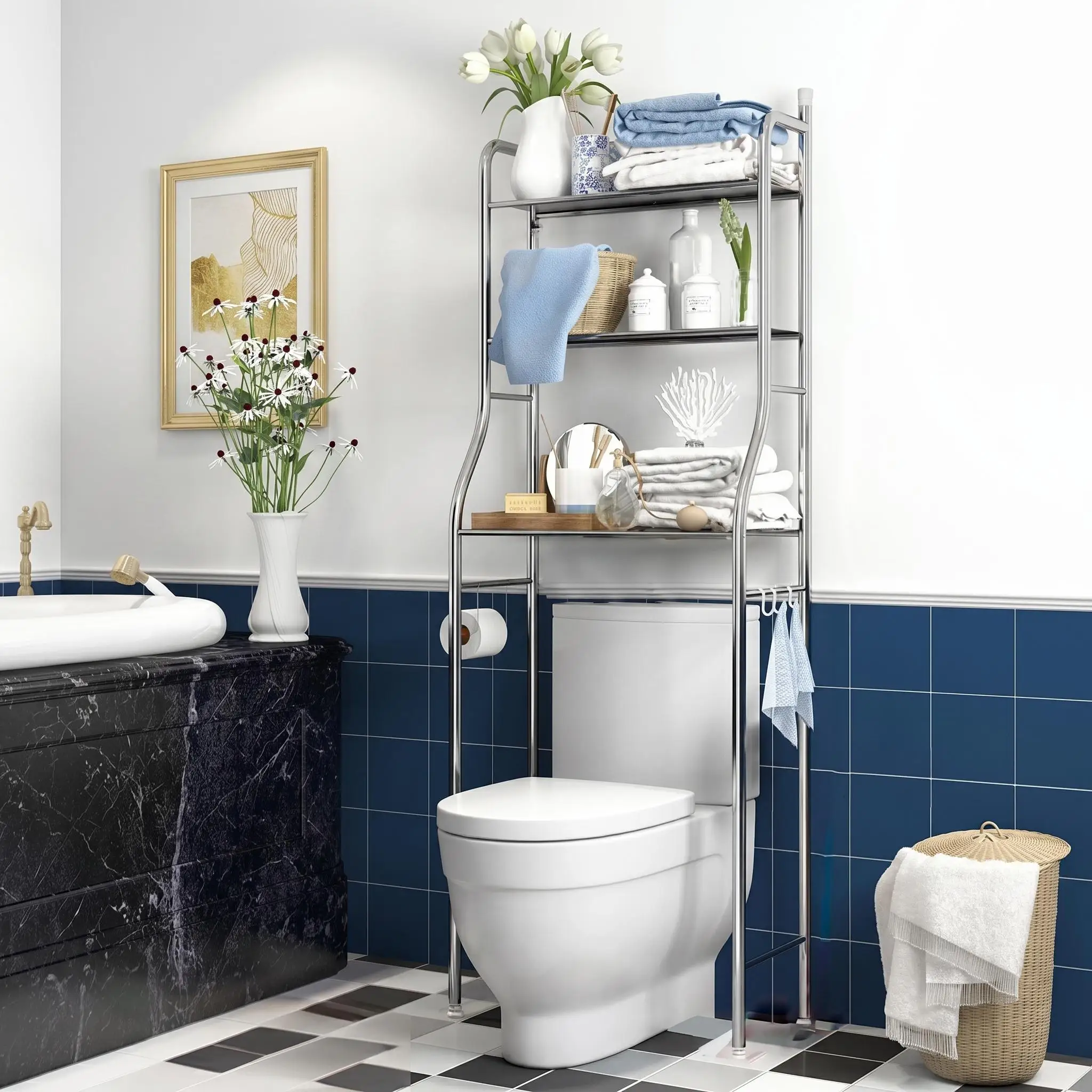 HiMiss Über-WC-Aufbewahrungsregal, 3-stöckiges Badezimmer-Organizer-Regal aus Edelstahl mit Haken und Papierhalter für Waschküche und Toilette