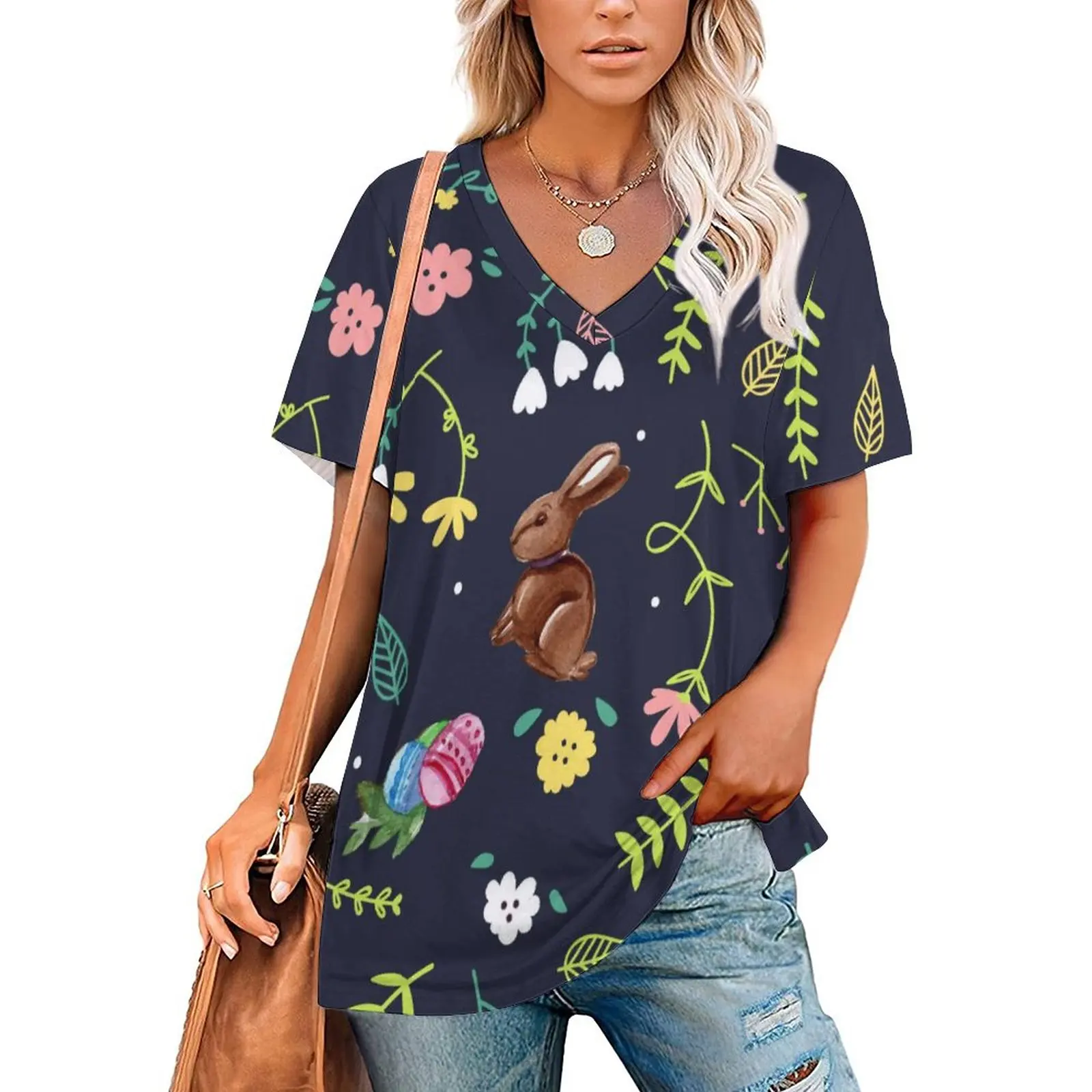 

Easter T Shirts Cute Bunny With Flowers V Neck Basic Oversize T-Shirt Short Sleeve Ladies Funny Tshirt HotSummer Pattern Tops