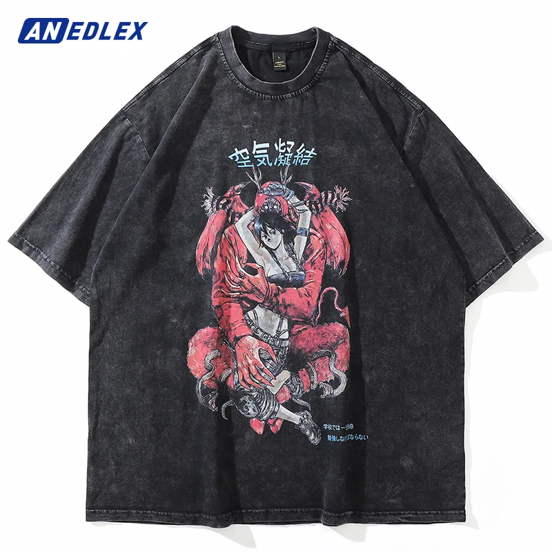 Retro Men Washed T-Shirts Japanese Kanji Anime Graphic Print TShirt Summer Cotton Casual Vintage Oversized T-Shirt Fashion Tops