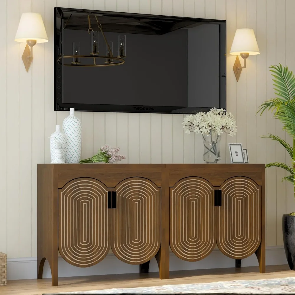 Credenza con portaoggetti, mobile buffet a 4 ante con ripiani regolabili, armadio portaoggetti in accento con arco intagliato