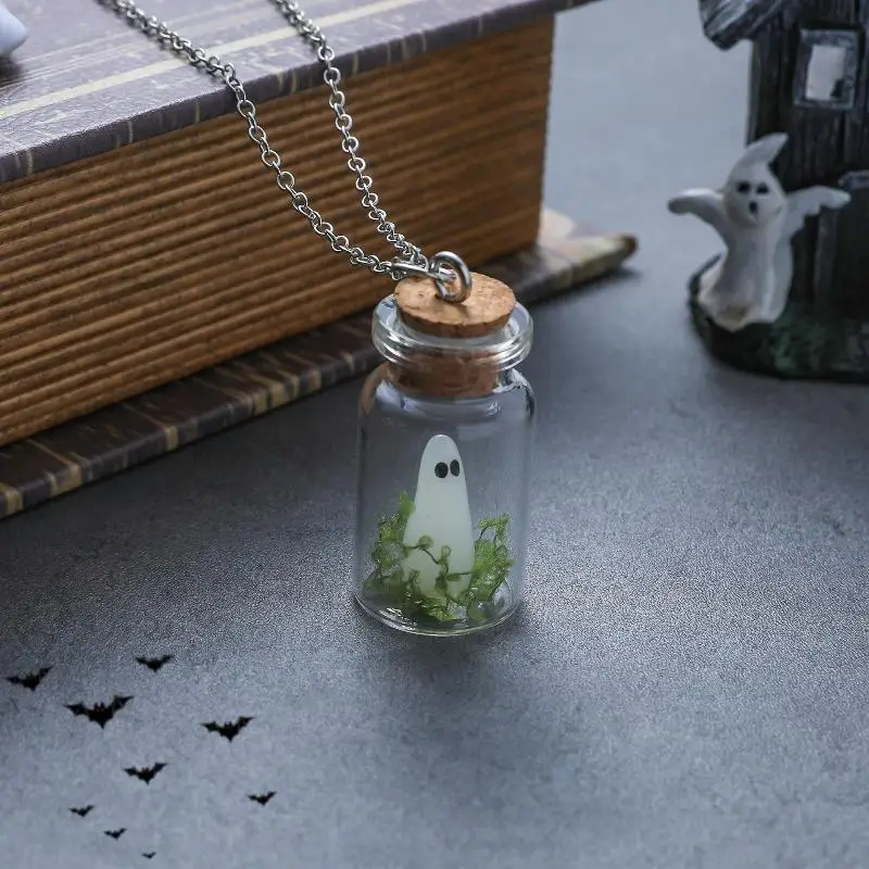 Luminous Ghost Necklace Halloween Tiny Glow Drifting Bottle Adopt Ghost Earrings Creative Design Green Specter Jewelry Gift