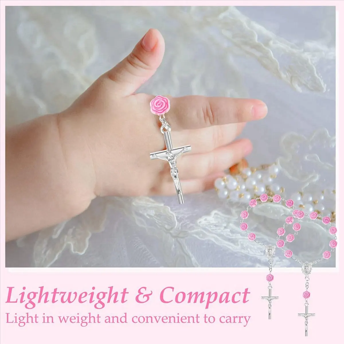grand 60 Pieces Baptism Rosary Mini Rosary Baptism Favors Finger Baptism Rosaries Rose Shaped Beads with 60 Organza Bags