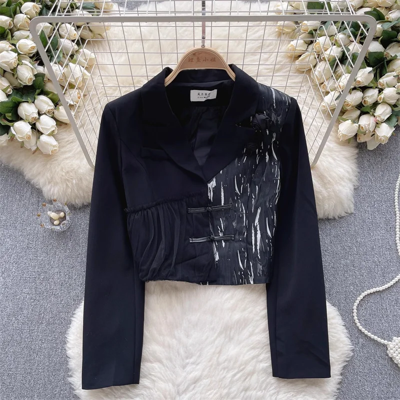 Mesh Patchwork Tie-dye Contrast Black Short Suit Jacket Autumn Notched Collar Single-breasted Long Sleeve Female Blazers Coat