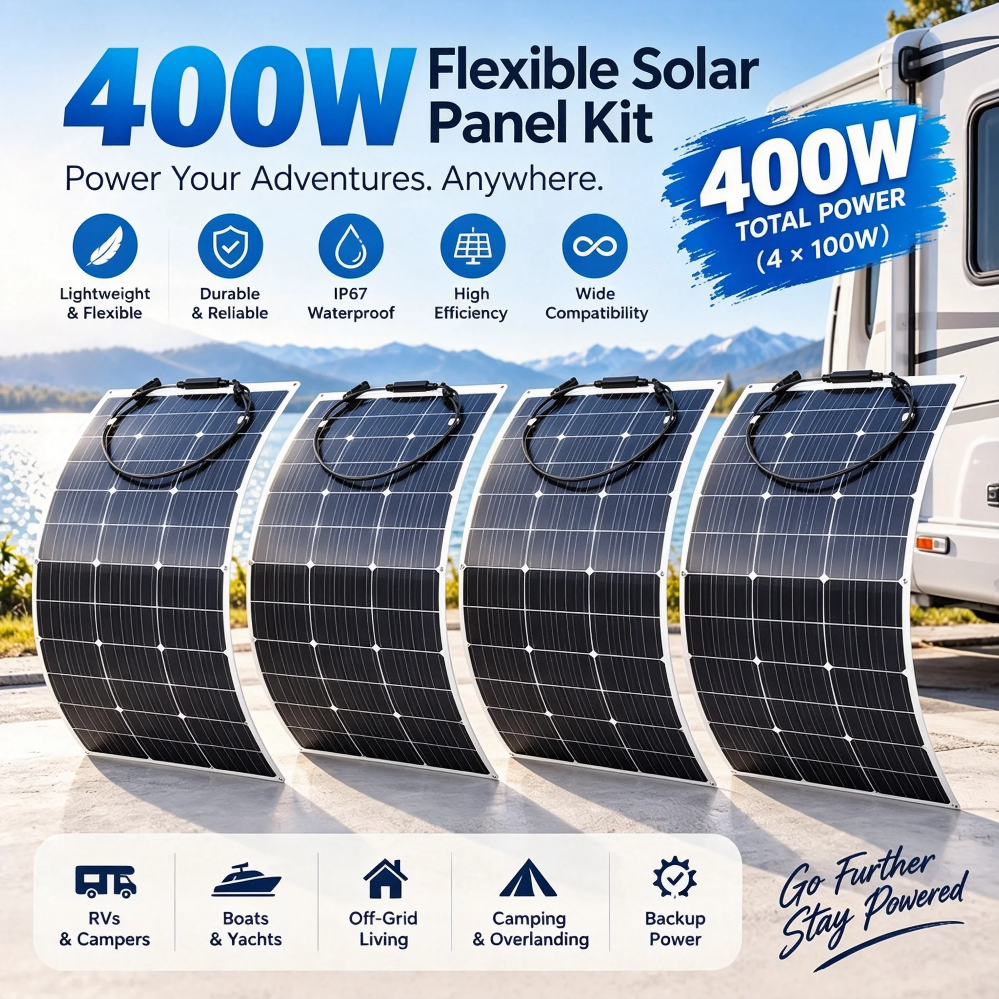 Rv Solar Kit 400W - 400/300/200/100ワットのフレキシブルソーラーパネル、IP68規格、ソーラーセル、ソーラー充電器、RV（キャンピングカー）やバルコニー用のオフグリッド太陽光発電システム。