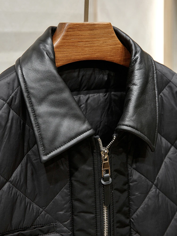 ฤดูหนาวใหม่ผู้ชายธุรกิจสบายๆหนังLapelน้ําหนักเบาDiamond Check Warm Down Jacket