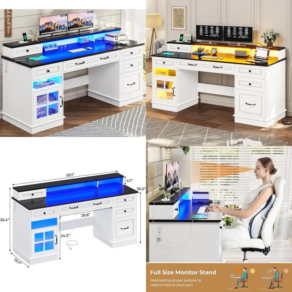 "مكتب مكتب أنيق مع خزانة ملفات، مكتب مريح مع حامل شاشة، مكتب منزلي متعدد الأغراض مع حل تخزين #1