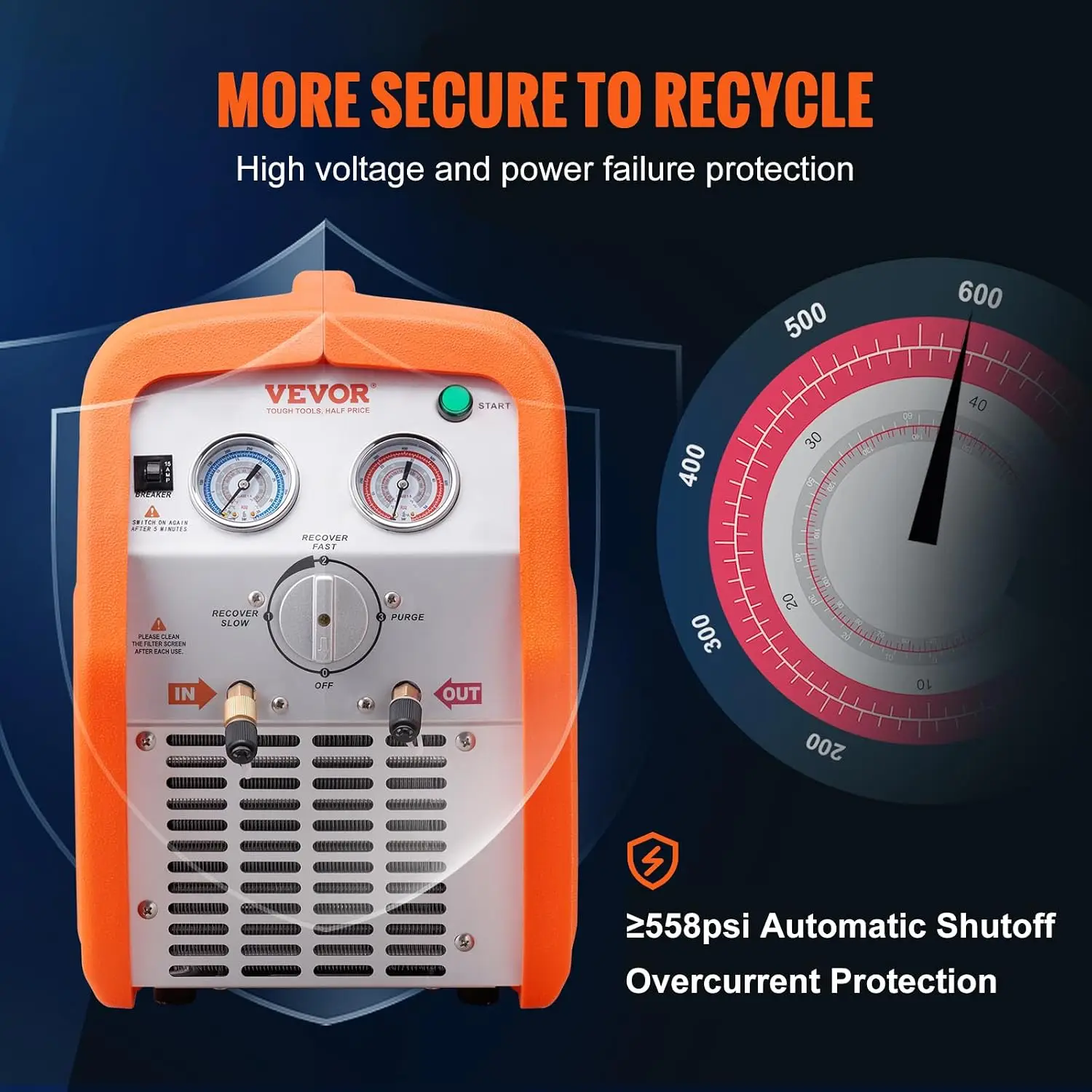 VEVOR 1 HP Refrigerant Recovery Machine - Dual Cylinder Portable AC Recovery Machine with High Pressure Protection 120V 60Hz Rec