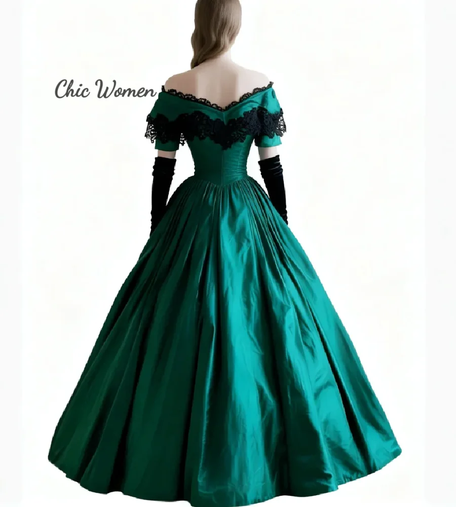 Victorian Themed Green 1860s Evening Dress Off Shoulder Black Lace Costume Prom Dress Satin Civil War Formal Occasion Party Gown