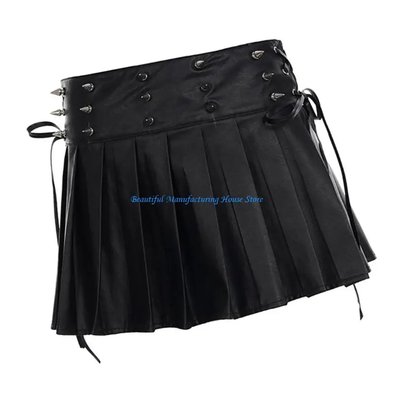 

E56A Fashion High Waist PU Skirt Stretch Pleated Skirts Work Styling Short Dress