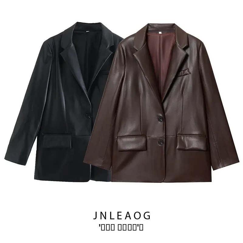 

JNLEAOG Faionable Leather Effect Straight Cut Suit Jaet Women's Busin Wear Autumn New Sle 255760 Polyester Long Sve