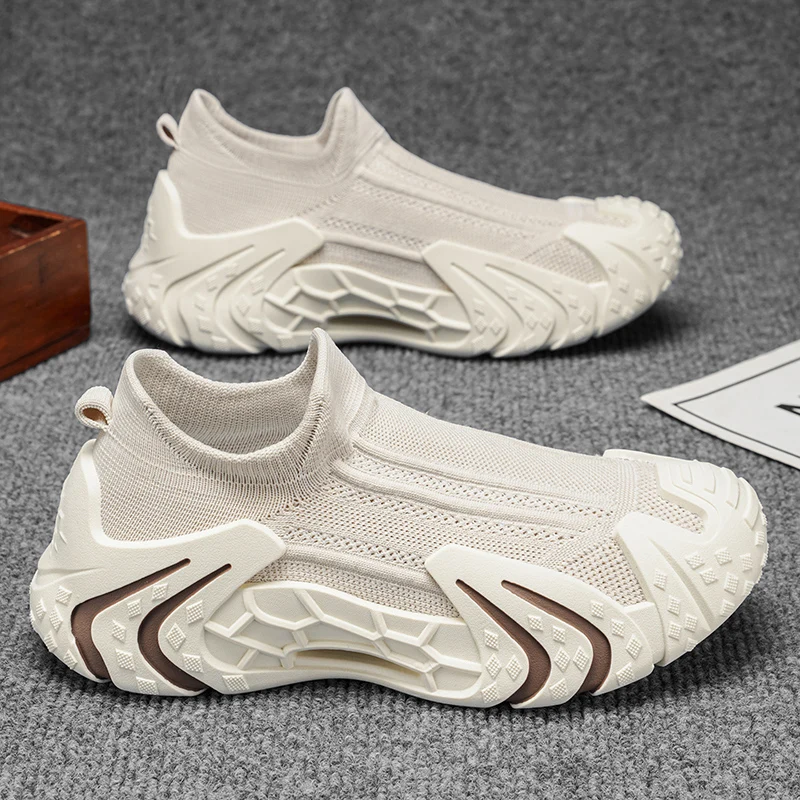 Chaussures de sport pour hommes, type mocassins, en tricot, respirantes, antidérapantes, à semelle épaisse, pour la randonnée, la marche quotidienne et les activités sportives en plein air