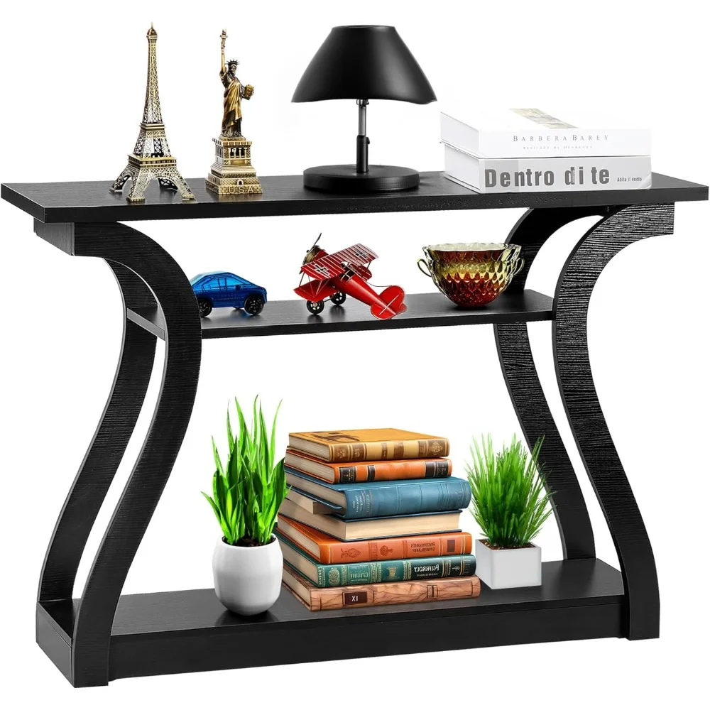 

Wood Console Table 3 Tier Narrow Entryway Table with Curved Frame and 2 Open Storage Shelves Accent Sofa Table for Ha