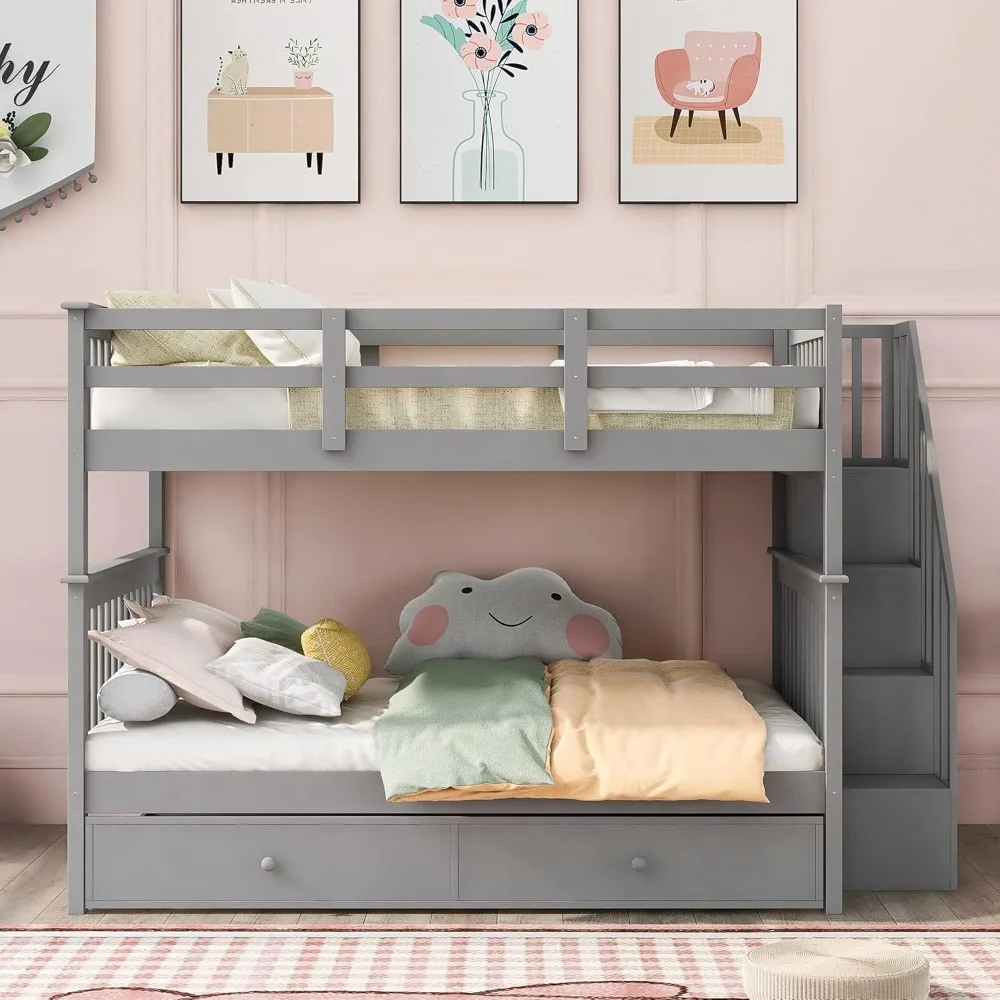 Over Full Bunk Bed with Stairs and Trundle, Wooden Bunk Bed Frame with Storage, for Kids Teens Adults