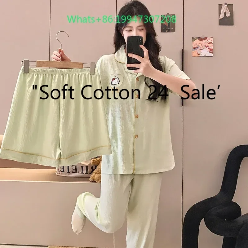 

Summer new green lapel cloud cotton with chest pad cartoon Hello Kitty pajamas three-piece casual loungewear