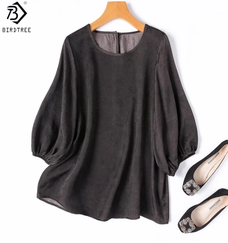 Koszula Birdtree 20MM 100% Jedwab Ciemnoszara, Damska Satynowa Koszula Żakardowa z Bufiastymi Rękawami, Dekolt Okrągły, Letnia Bluzka Barwiona na Trawę T58016JF