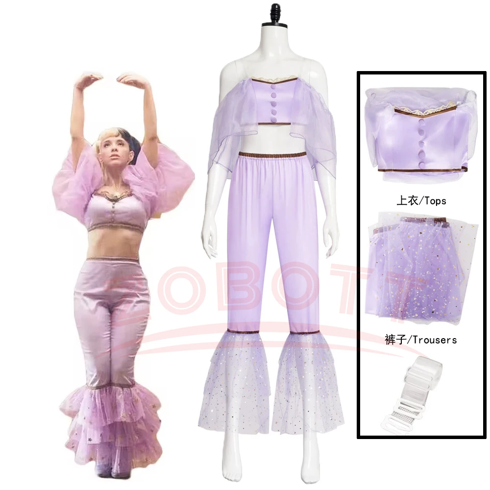 

Sexy Yaya Cosplay Melanie Martinez Purple Dance Costume Cry Ghost Baby Off the Shoulder Lantern Sleeve Flared Legging Star Woman