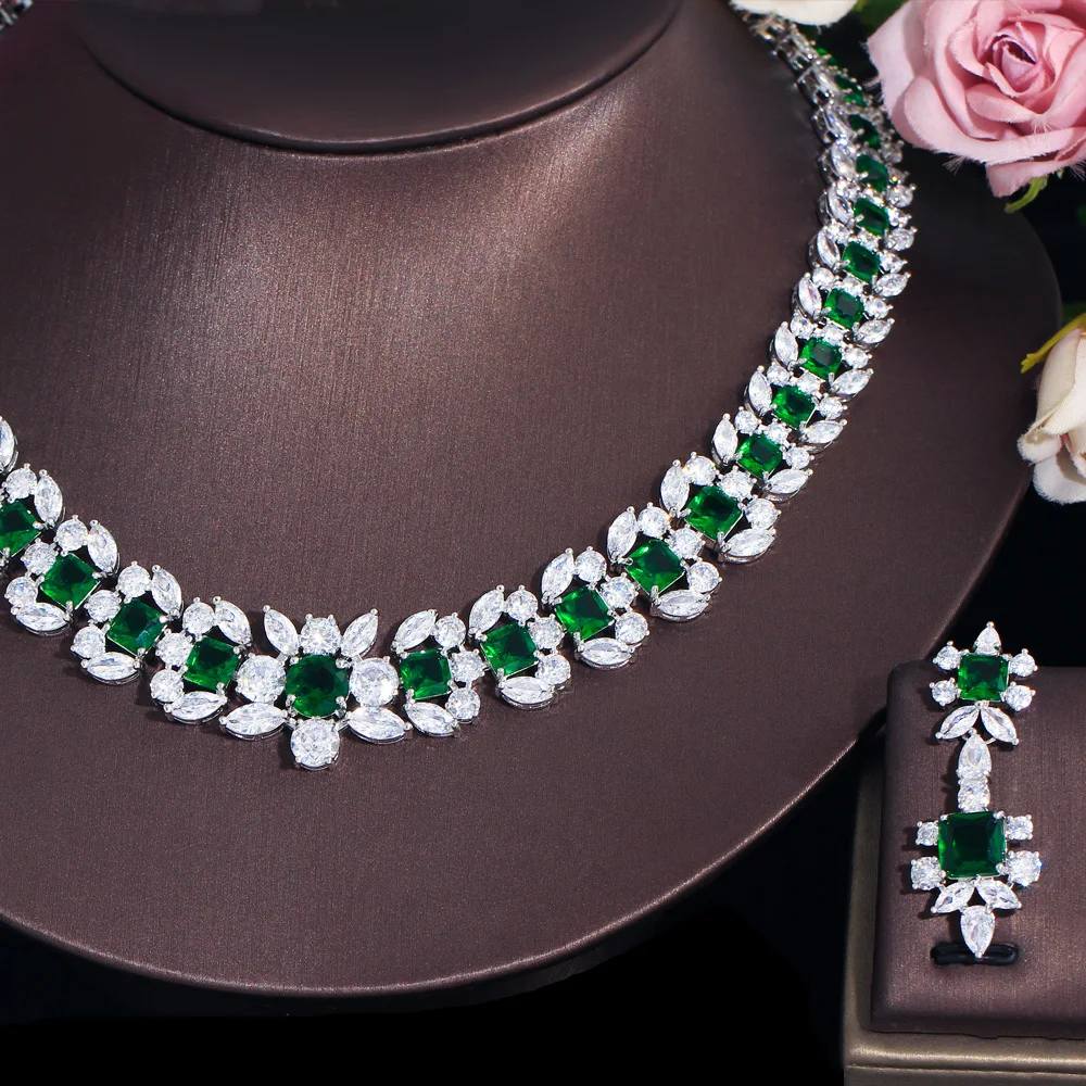 CWWZircons Luxurious Elegant Green Cubic Zirconia Big Women Wedding Event Costume Necklace Earrings Jewelry Sets for Brides T716