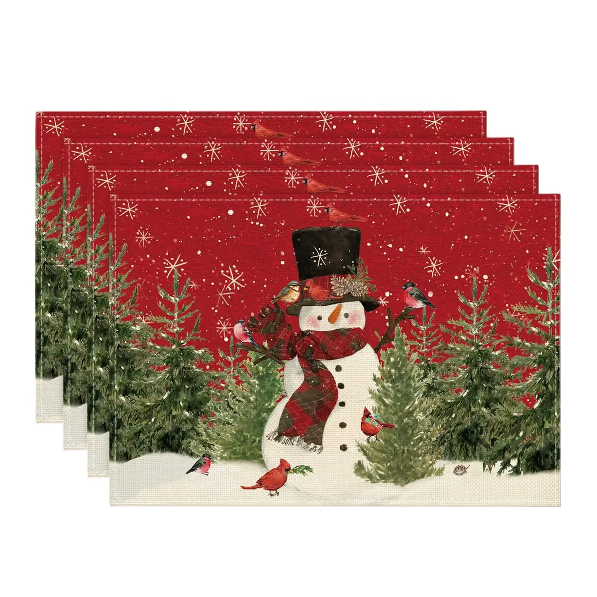 Snowman Cardinals Trees Christmas Placemats for Dining Table,12 x 18 Inch Seasonal Winter Birds Xmas Vintage Table Mats Set of 4