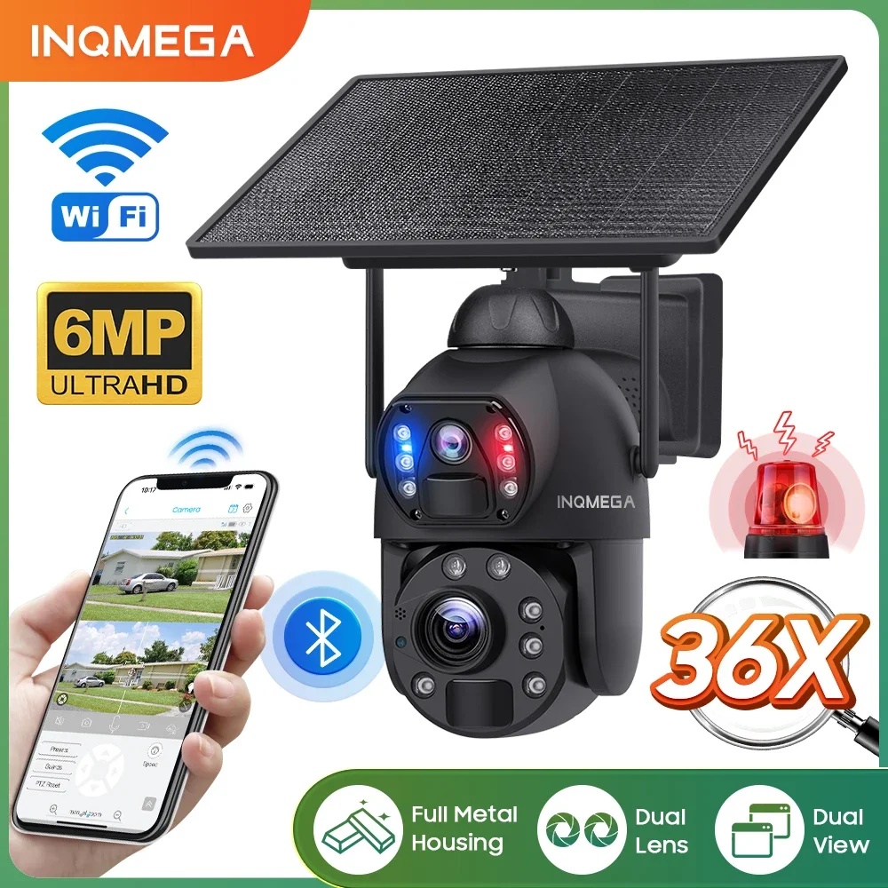 INQMEGA 6MP 36x Zoom WiFi Solar Camera 4G SIM Outdoor Night Vision PTZ Camera with Solar Panel Battery CCTV Video Surveillance